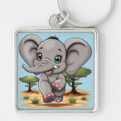 Olifant Baby springt vrolijk in Afrikaanse savanne Sleutelhanger (Voorkant)