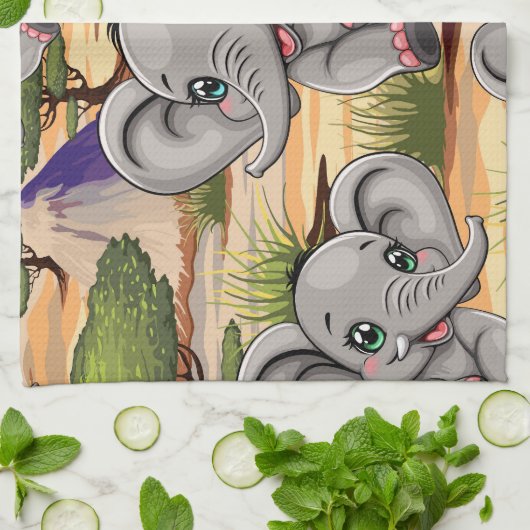 Olifant Baby springt vrolijk in Afrikaanse savanne Theedoek (Gevouwen)