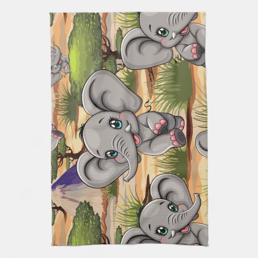 Olifant Baby springt vrolijk in Afrikaanse savanne Theedoek (Verticaal)