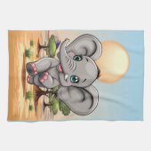 Olifant Baby springt vrolijk in Afrikaanse savanne Theedoek (Horizontaal)