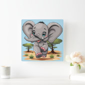Olifant Baby springt vrolijk in Afrikaanse savanne Vierkante Klok (Huis)