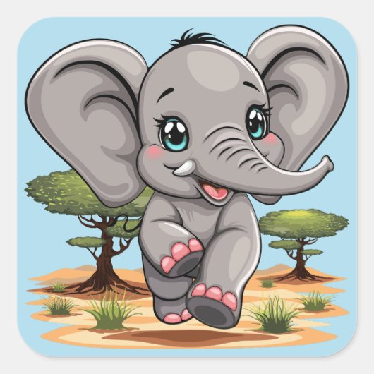 Olifant Baby springt vrolijk in Afrikaanse savanne Vierkante Sticker (Voorkant)