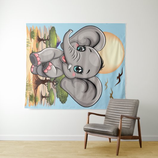 Olifant Baby springt vrolijk in Afrikaanse savanne Wandkleed (In Situ (horizontaal))