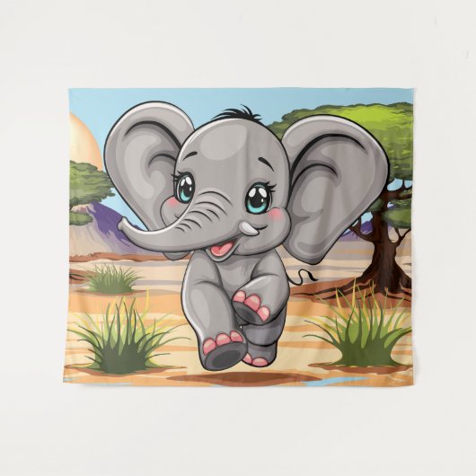 Olifant Baby springt vrolijk in Afrikaanse savanne Wandkleed (Voorkant (horizontaal))