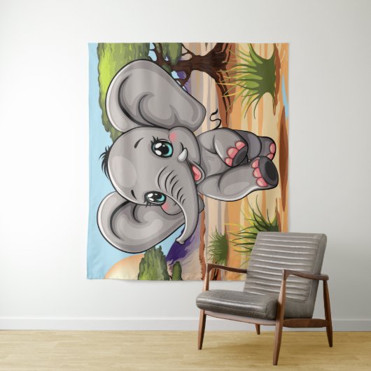 Olifant Baby springt vrolijk in Afrikaanse savanne Wandkleed (In situ)