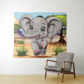 Olifant Baby springt vrolijk in Afrikaanse savanne Wandkleed (In Situ (horizontaal))