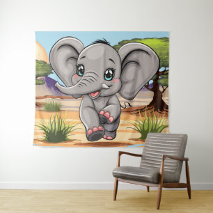 Olifant Baby springt vrolijk in Afrikaanse savanne Wandkleed