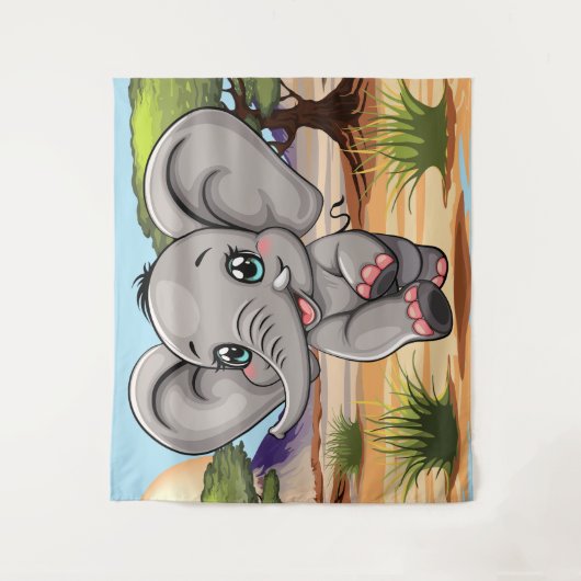 Olifant Baby springt vrolijk in Afrikaanse savanne Wandkleed (Voorkant)