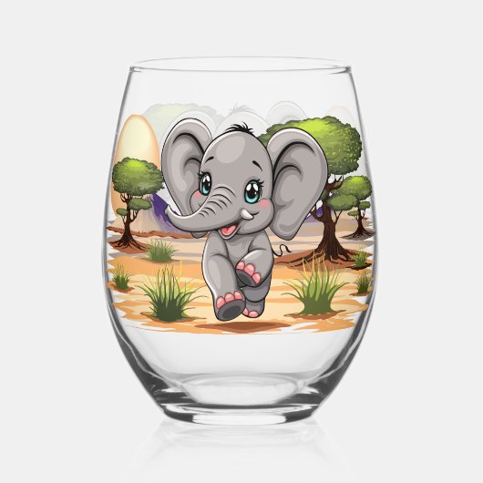 Olifant Baby springt vrolijk in Afrikaanse savanne Wijnglas Zonder Voet (Voorkant)