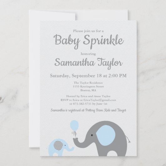Olifant Baby Sprinkle Invitation in blauw en grijs Kaart (Voorkant)