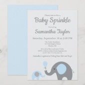 Olifant Baby Sprinkle Invitation in blauw en grijs Kaart (Voorkant / Achterkant)