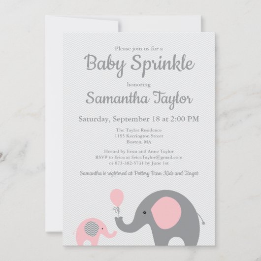 Olifant Baby Sprinkle Invitation in Roze en Grijs Kaart (Voorkant)