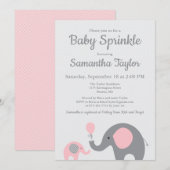 Olifant Baby Sprinkle Invitation in Roze en Grijs Kaart (Voorkant / Achterkant)