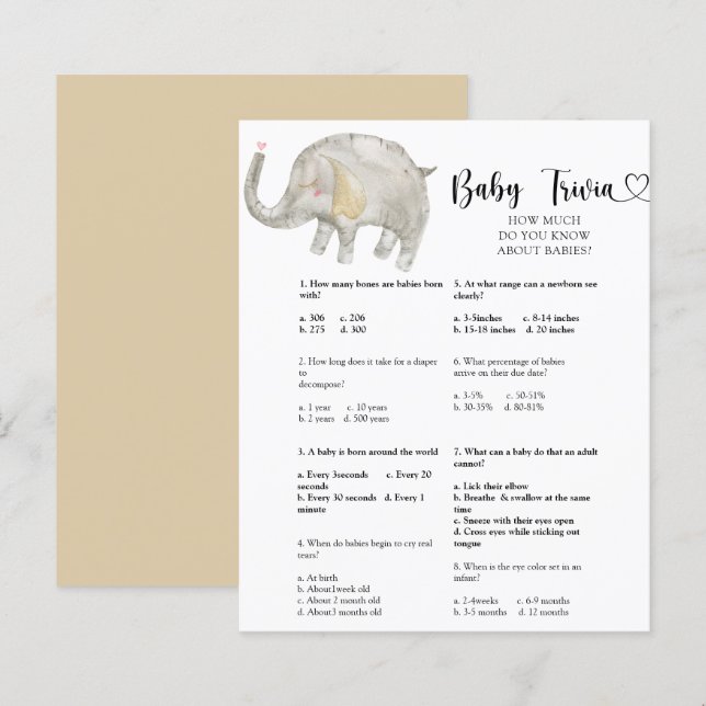 Olifant Baby Trivia | Baby Shower Spel (Voorkant / Achterkant)