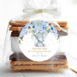 Olifant Babyfeest Blauw Bloemige Bedankkaart Favor Ronde Sticker