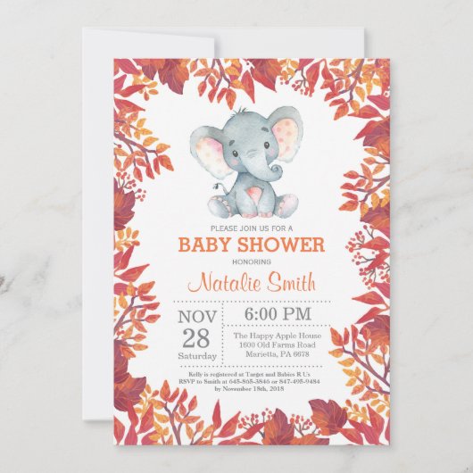 Olifant Babyshower Bloemrijke Herfst Uitnodiging (Voorkant)