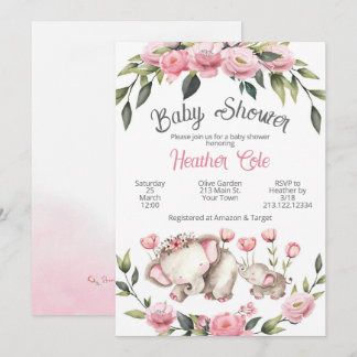 Olifant Babyshower Uitnodiging Bloem Meisje Mama