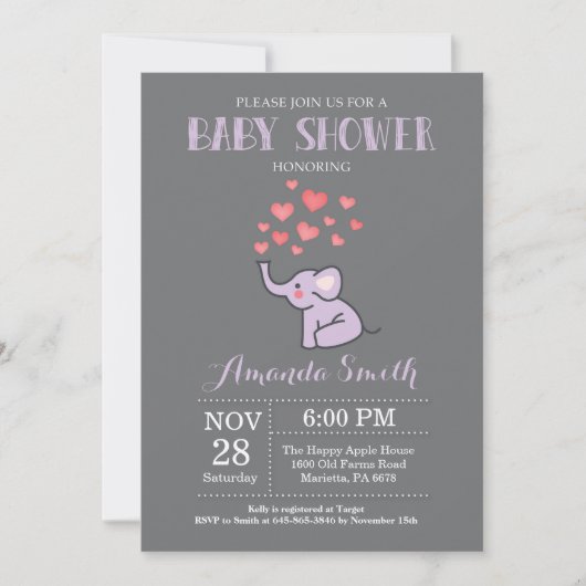 Olifant Babyshower Uitnodiging Paars en Grijs (Voorkant)
