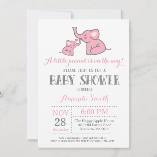 Olifant Babyshower Uitnodiging Roze en Grijs (Voorkant)