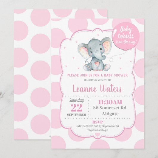 Olifant Babyshower Uitnodiging Roze Meisje (Voorkant / Achterkant)