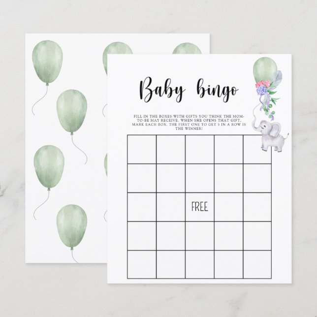 Olifant & ballon - Baby shower bingogame (Voorkant / Achterkant)