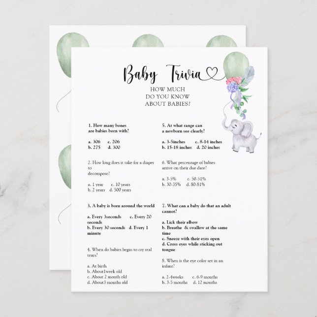 Olifant & Ballon -Baby Trivia | Baby showers wild (Voorkant / Achterkant)