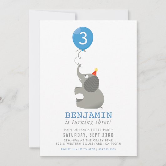 OLIFANT & BALLON leuke verjaardagsuitnodiging blau Kaart (Voorkant)