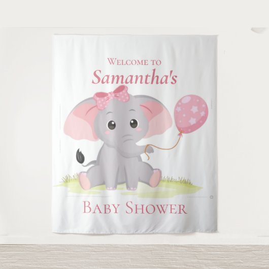 Olifant ballon Meisje Baby Shower Achtergrond Wandkleed (Voorkant)