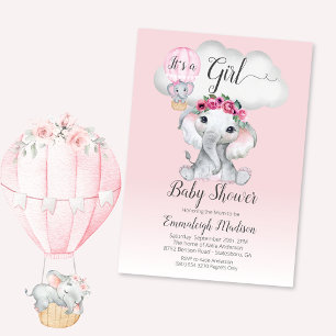 Olifant ballon meisje Baby shower   Roze rozen Kaart