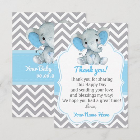 Olifant bedankkaart blauw grijs chevron jongen (Voorkant / Achterkant)