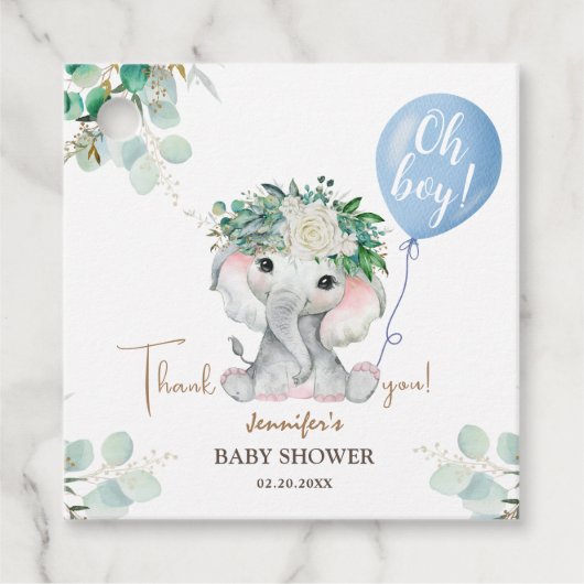 Olifant Blauw Ballon Groen Oh Boy Baby shower Bedankjes Labels (Voorkant)