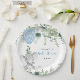 Olifant blauw ballonjongen baby shower groen papieren bordje