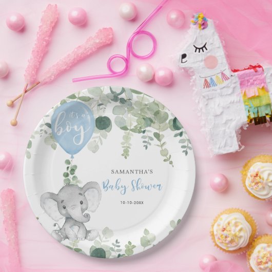 Olifant blauw ballonjongen baby shower groen papieren bordje (Feest)