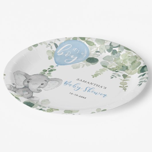 Olifant blauw ballonjongen baby shower groen papieren bordje (Gekanteld)