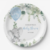 Olifant blauw ballonjongen baby shower groen papieren bordje (Voorkant)