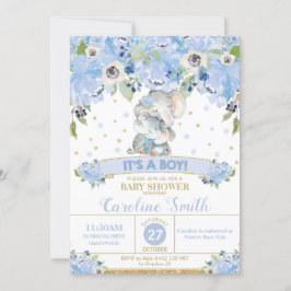 Olifant Blauw Bloemen Baby shower Jongen Mam en Ba Kaart