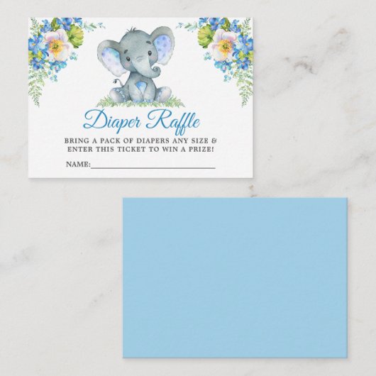 Olifant Blauw Bloemen Baby shower Luier Raffle Informatiekaartje (Voorkant / Achterkant)