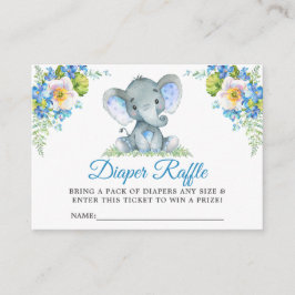 Olifant Blauw Bloemen Baby shower Luier Raffle Informatiekaartje