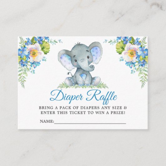 Olifant Blauw Bloemen Baby shower Luier Raffle Informatiekaartje (Voorkant)