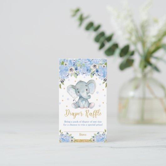 Olifant Blauw Bloemen Baby shower Luier Raffle Informatiekaartje (Staand voorkant)