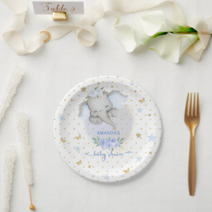 Olifant Blauw Bloemen Boho Baby Jongen Douche Papieren Bordje