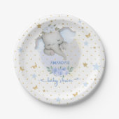 Olifant Blauw Bloemen Boho Baby Jongen Douche Papieren Bordje (Voorkant)