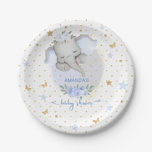 Olifant Blauw Bloemen Boho Baby Jongen Douche Papieren Bordje (Voorkant)