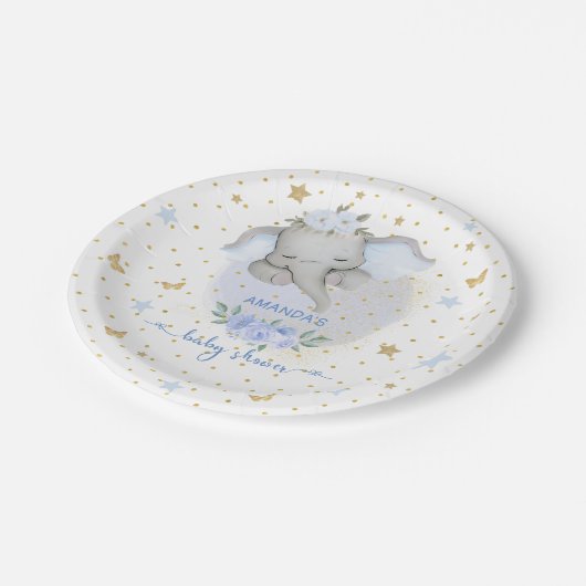 Olifant Blauw Bloemen Boho Baby Jongen Douche Papieren Bordje (Gekanteld)