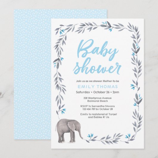 Olifant blauw en grijs Baby shower Invitation Kaart (Voorkant / Achterkant)