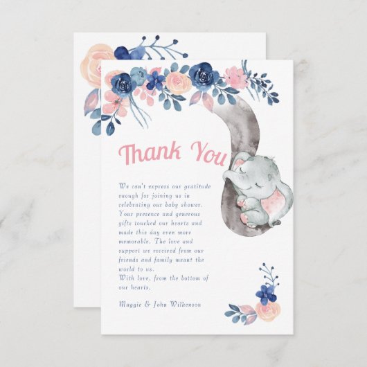 Olifant Blauw en Roze Baby shower Dank U Bedankkaart (Voorkant / Achterkant)