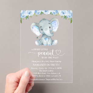 Olifant, Blauwe Aquarel Bloemen, Baby Shower Acryl Uitnodigingen