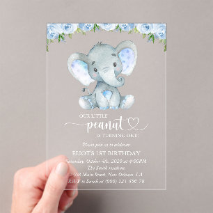 Olifant, Blauwe Aquarel Bloemen, Eerste Verjaardag Acryl Uitnodigingen