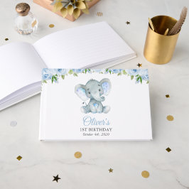 Olifant, Blauwe Aquarel Bloemen, Eerste Verjaardag Gastenboek