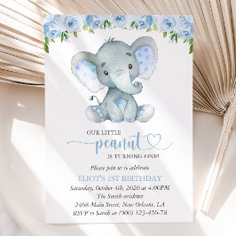 Olifant, Blauwe Aquarel Bloemen, Eerste Verjaardag Kaart